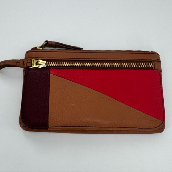 Fossil Patchwork Brown Red Leather Wallet Clutch BiFold - Picture 1 of 13